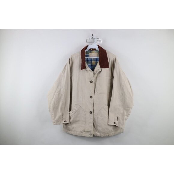 Vintage Jackets & Blazers - Vtg 90s Streetwear Womens XL Distressed Flannel Lined Chore Barn Jacket Beige